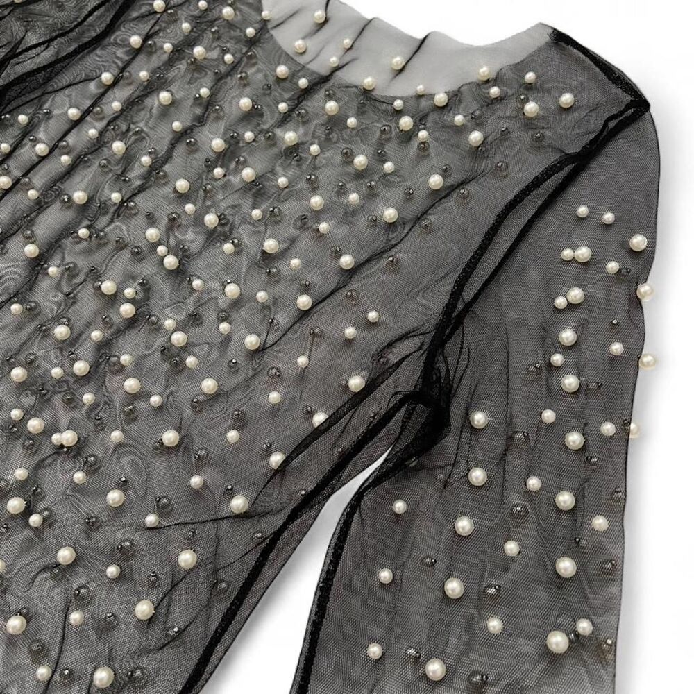 Black Sheer Long Sleeve Top with Pearl Detail Size Small - Picture 6 of 7